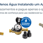 Banner promocional de hidrômetros com chamada “Como pagar menos água instalando um aparelho a mais”, produtos em destaque e selo técnico de economia