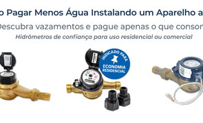 Banner promocional de hidrômetros com chamada “Como pagar menos água instalando um aparelho a mais”, produtos em destaque e selo técnico de economia