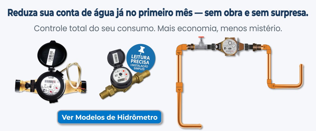 Banner técnico mostrando instalação e economia com hidrômetro