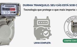Banner com medidor de gás, frase emocional de segurança familiar, selo técnico de certificação e botão verde de chamada para ação.