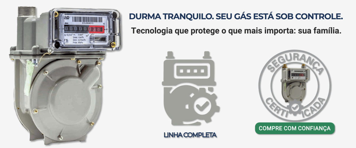 Banner com medidor de gás, frase emocional de segurança familiar, selo técnico de certificação e botão verde de chamada para ação.