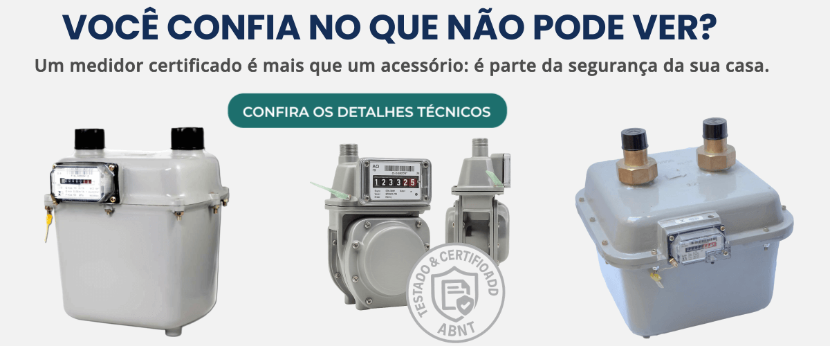 Banner com medidores de gás certificados, frase sobre segurança doméstica, botão de chamada para detalhes técnicos e selo de conformidade ABNT.