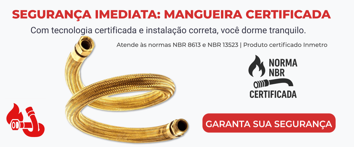Banner promocional de mangueira de gás certificada com selo NBR e chamada de segurança residencial.