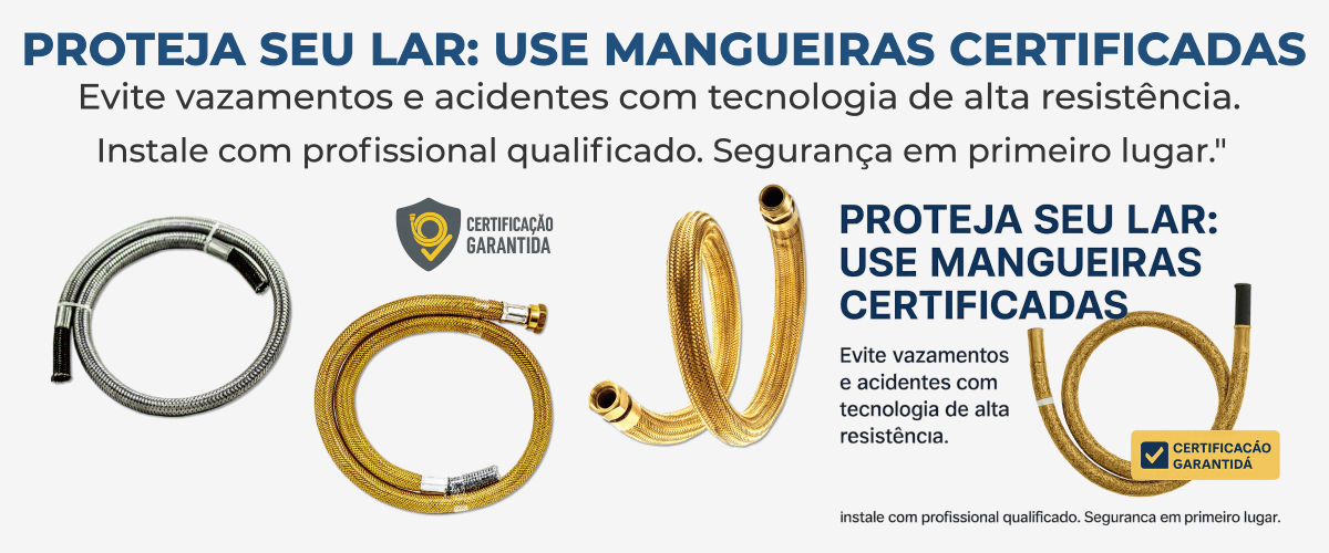 Banner de promoção de mangueiras certificadas para instalações de gás e água, com selo de certificação garantida e destaque para tecnologia de alta resistência.