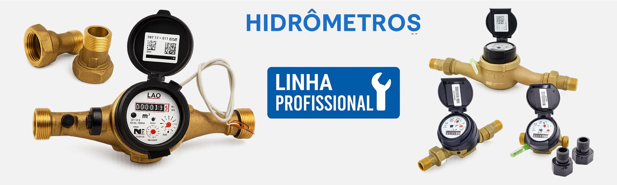 Banner da categoria Hidrômetros da Linha Profissional Consigás, com produtos técnicos para medição hidráulica e selo técnico azul.
